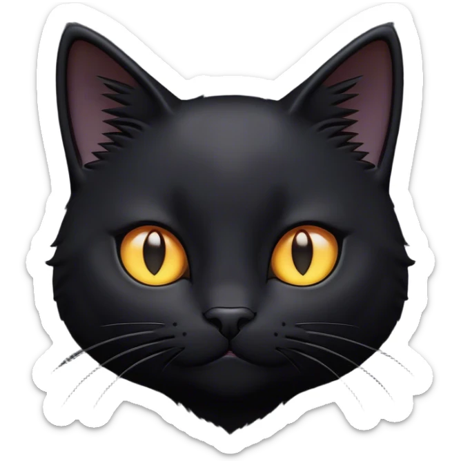 Cinematic Cute Black Cat Portrait Emoji, Head tilted playfully and inquisitively, sleek black fur with subtle hints of deep gray, Simplified yet adorable features, highly detailed, glowing with a warm, friendly glow, high shine, curious and affectionate, stylized with a touch of whimsy, bright and alert, soft glowing outline, capturing the essence of a mischievous yet loving kitten, so endearing it feels like it could pounce out of the screen and play! sticker