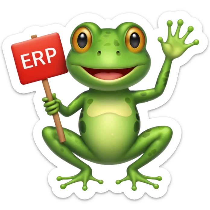 frog holding a sign that says ERP, fun emoji-style illustration sticker