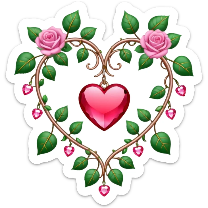 heart shape metal vine with pink-red roses border with crystals hanging  sticker