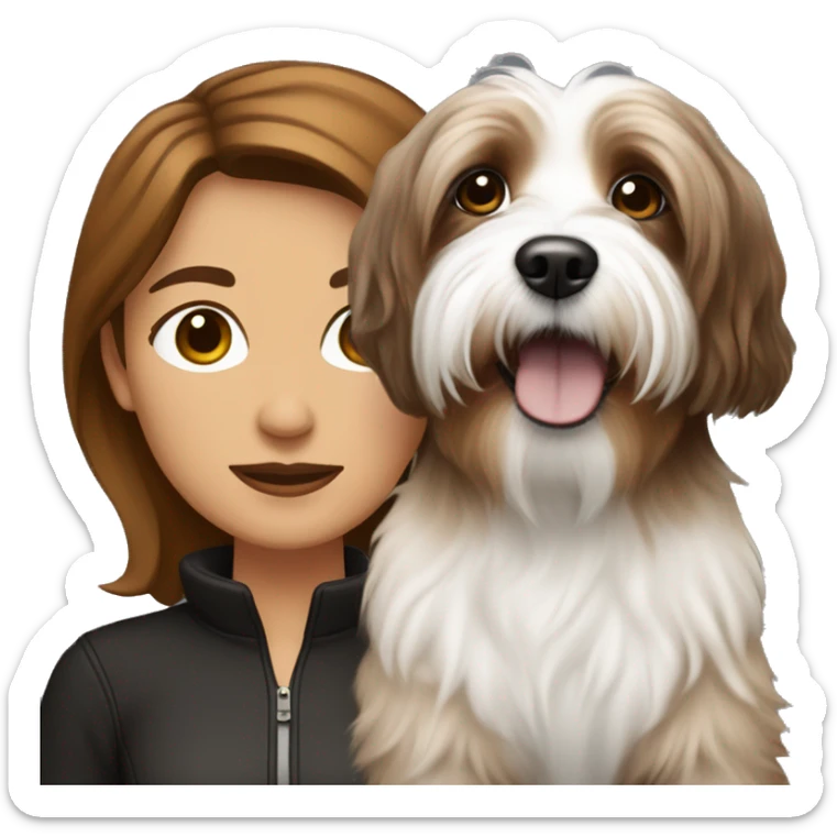 caramel skinned middle aged woman with brown hair, with black and white havanese dog sticker