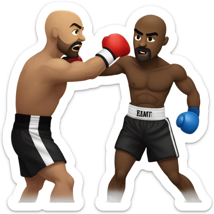 Bald-headed muscular black boxer with a goatee delivering the knockout blow to his opponent.  sticker