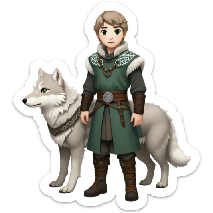 Medieval winter outfit worn by a DnD themed fantasy male character. Heavy charcoal wool tunic with arctic wolf fur lining, adorned with intricate iron clasps and a thick leather belt with celtic knotwork. Clothes only above the waist, full waist coverage. The character has no arms. Character is white-skinned with light brown hair, gray-green eyes, and short wavy hair dusted with winter's touch. sticker