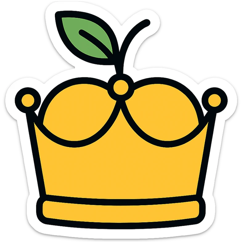golden royal crown shaped like an apple, with a leaf on top, elegant and regal sticker