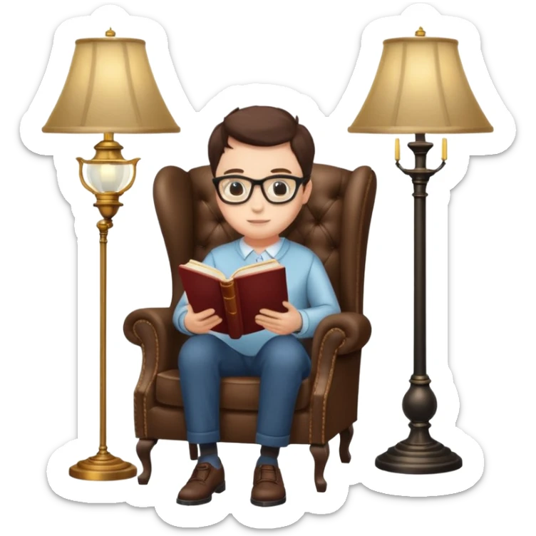 peruse at your leisure, person reading with small glasses in a wingback chair next to a lamp sticker