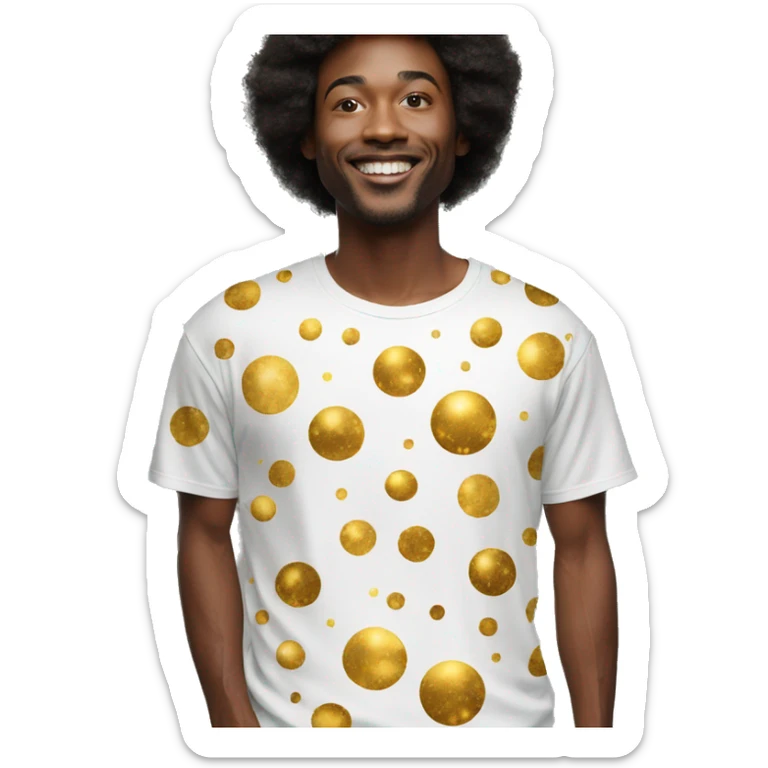 Person wearing t shirt filled with golden galaxies celestial sticker