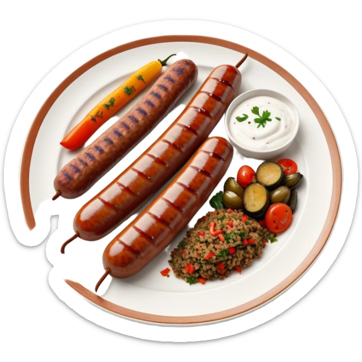 Cinematic Realistic image of a long, sausage-shaped Turkish Köfte, rendered with richly spiced meat textures and subtle grill marks, artfully arranged on a traditional Turkish ceramic plate alongside classic sides such as a serving of aromatic pilaf, crisp grilled vegetables, and a dollop of creamy yogurt, all bathed in warm, appetizing lighting that emphasizes its savory allure. sticker