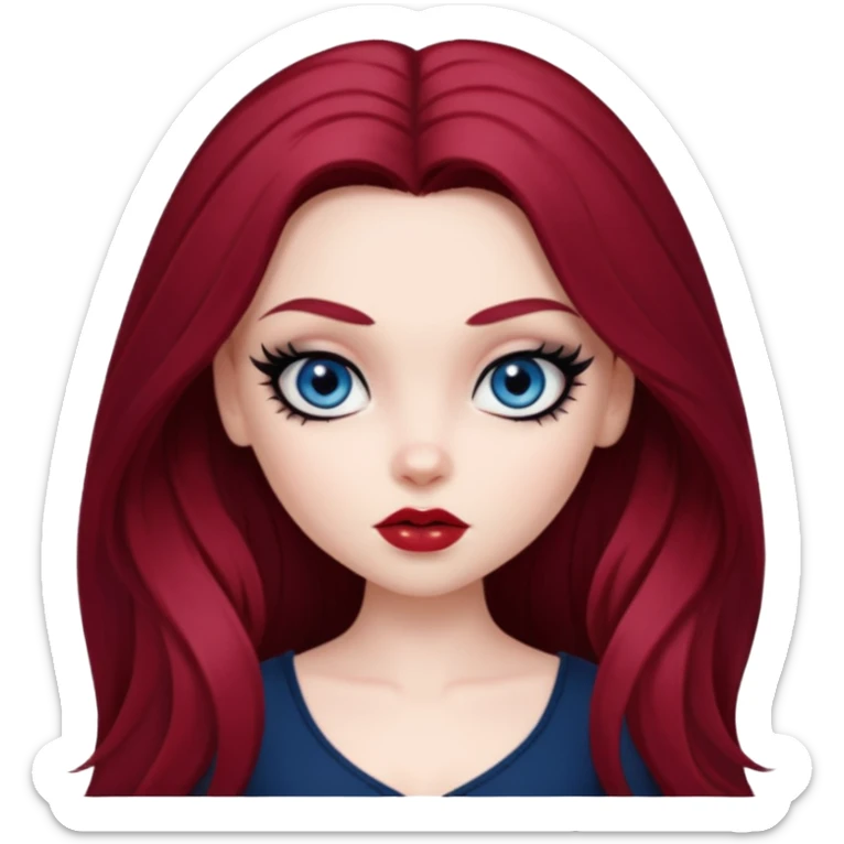pale skin, girly bratz baddie, beautiful dark blue eyes, sharp black eyeliner, long dark red hair sticker