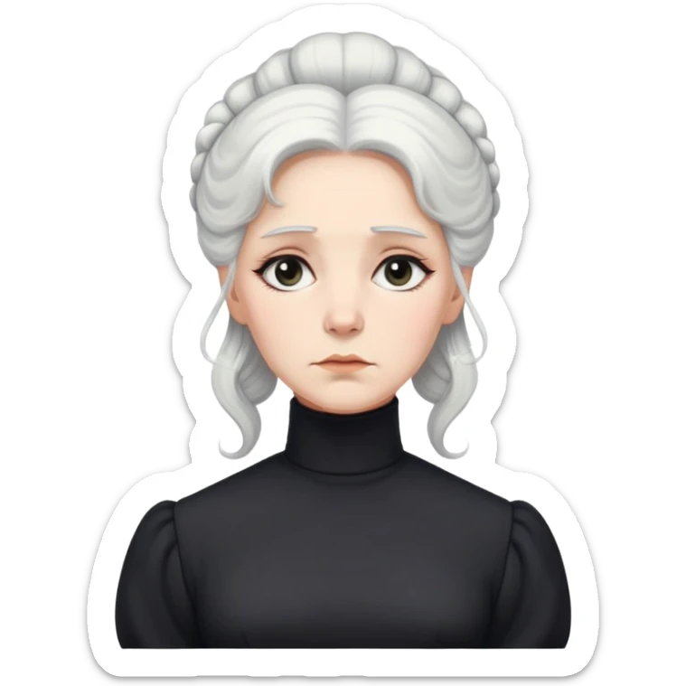 A Victorian woman with elegant coiffed white hair wearing a modest black turtleneck mourning dress with a forlorn expression sticker