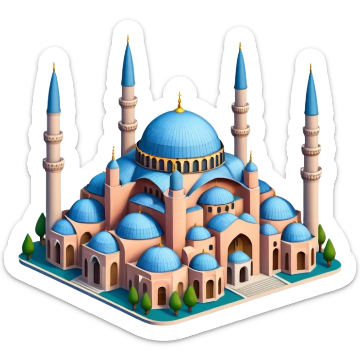Isometric illustration of Istanbul, featuring Hagia Sophia with its large central dome and four tall minarets, paint photorealistic style sticker