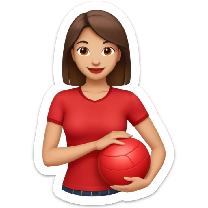 make a woman in a tight red shirt smirking and holding a tan ball sticker