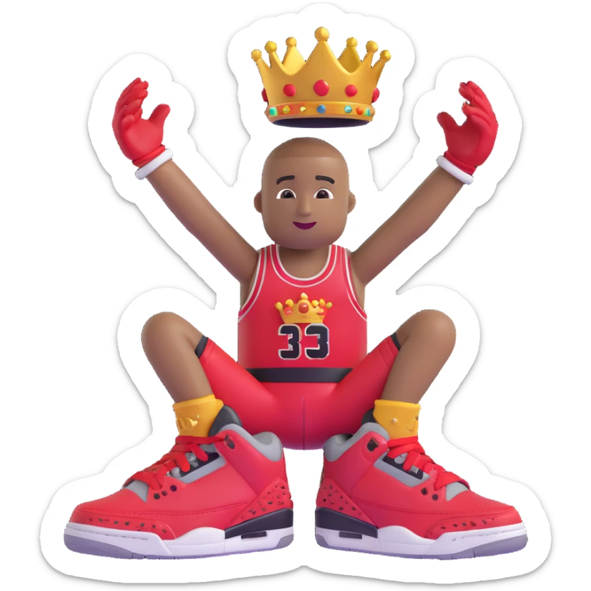 Change the sneaker character to a red Jordan Retro 3 sneaker instead of green, keeping the 3D emoji style, crown, wristband, arms, legs, and pose exactly the same. sticker