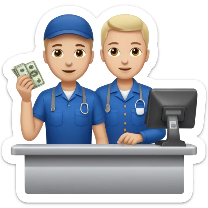 Supermarket employee at a cash register, full body, serving a man sticker