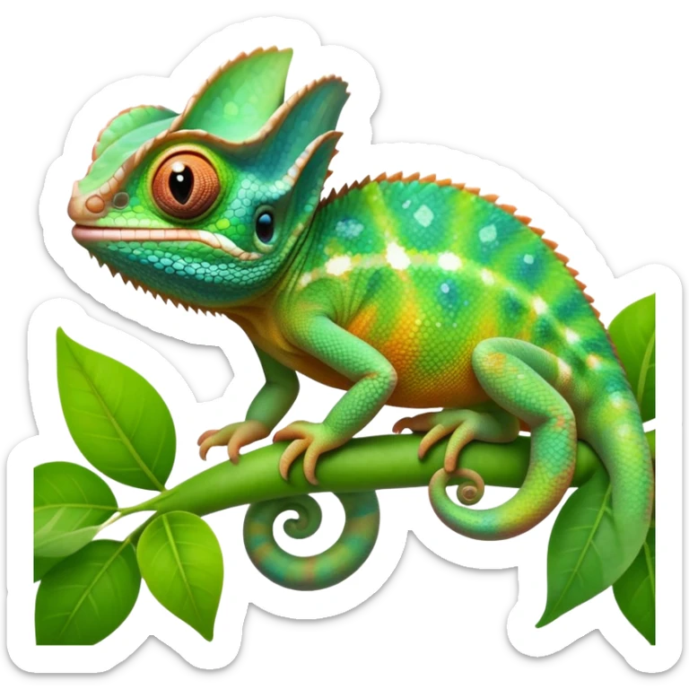 cinematic cute-smiling baby chameleon-realistic emoji,-blending-with-vibrant-greenery.-detailed-scales-in-shifting-colors,-showing-the-chameleon’s-ability-to-camouflage.-soft-natural-light-highlights-its-texture.-light-background, zoomed into its face sticker