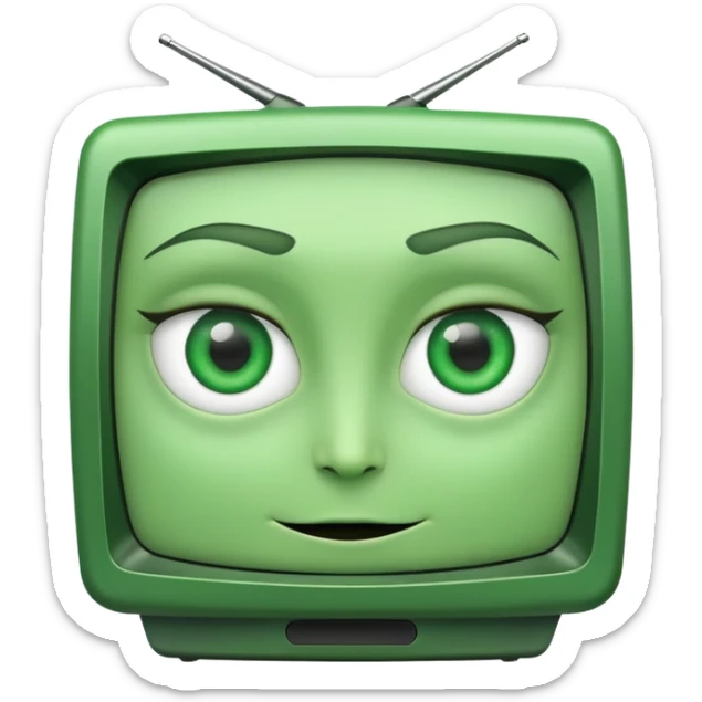 Green tv with a blank screen, showing green eyes and a green smirk sticker