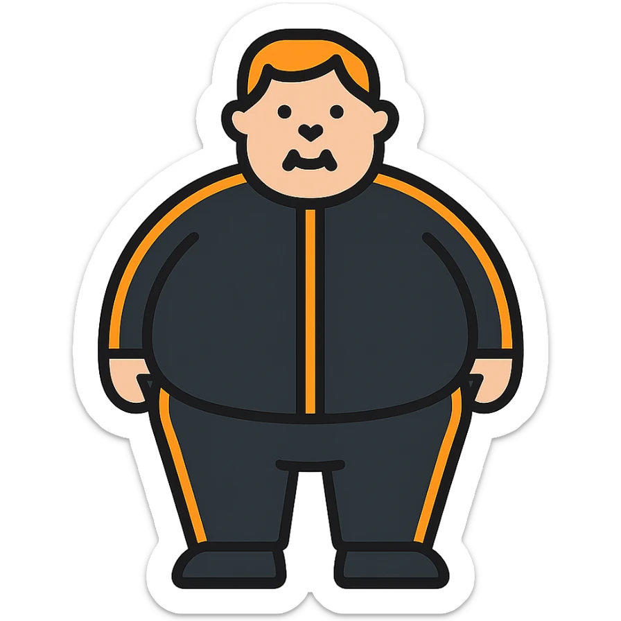 Extremely fat man with orange hair wearing black tracksuit with orange lines sticker
