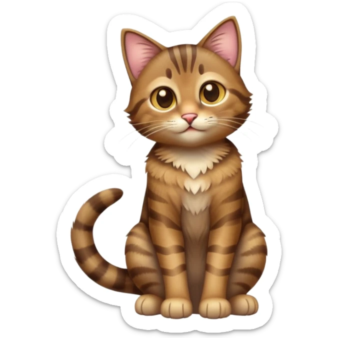 cinematic-[brown tabby cat]-realistic-full-body-sitting-emoji,-tail-curled-playfully-around-its-paws,-head-tilted-dramatically,-messy-[tabby]-fur,-simplified-yet-realistic-adorable-features,-highly-detailed,-glowing-with-an-almost-sarcastic-glow sticker