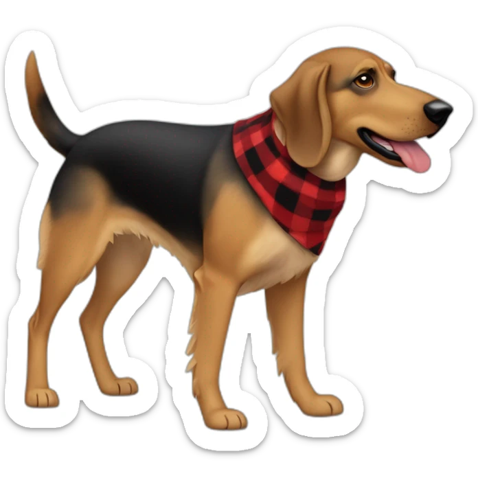 adult 75% Coonhound 25% German Shepherd mix dog with visible tail wearing small pointed red buffalo plaid bandana full body walking left quickly sticker