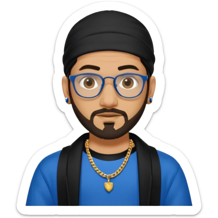 Hassan B from Ali G Indahouse with dark brown long hair and short beard, blue and black outfit sticker