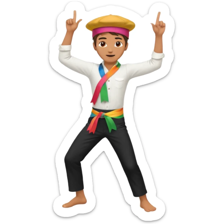 barefoot man dancing in black pants, white shirt, colorful sash, and piri hat, snapping his fingers near his head with arms raised and elbows bent sticker