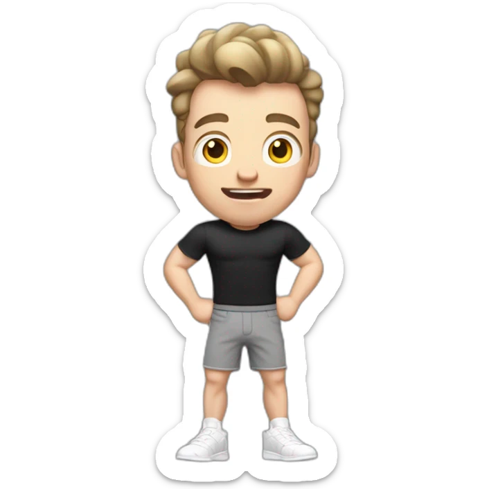 amazed Open with surprise mouth Pale skinned Fit Man With the biceps and dark brown hair in black shirt, gray sports shorts and white Sneakers sticker