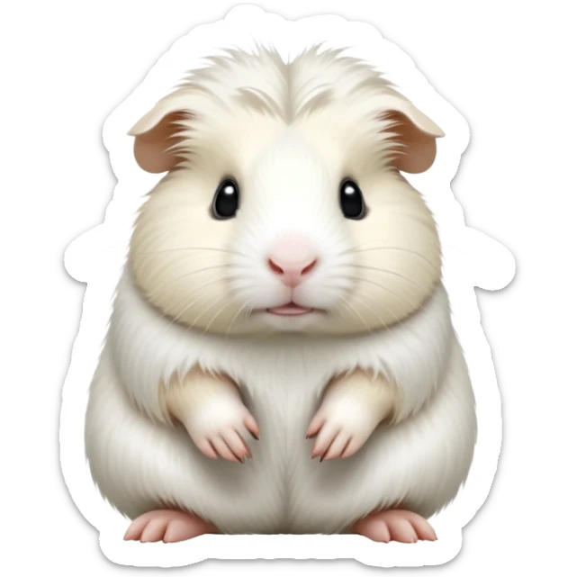 cinematic-[white guinea pig]-realistic-full-body-sitting-emoji,-tiny-paws-tucked-close,-head-tilted-dramatically,-fluffy-[solid white]-fur,-simplified-yet-realistic-focused-features,-highly-detailed,-glowing-with-an-almost-sarcastic-glow sticker