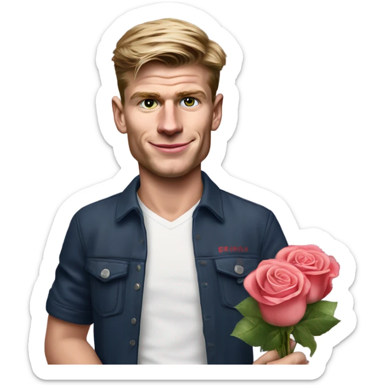 realistic photo of max verstappen in normal clothes holding roses and chocolates sticker