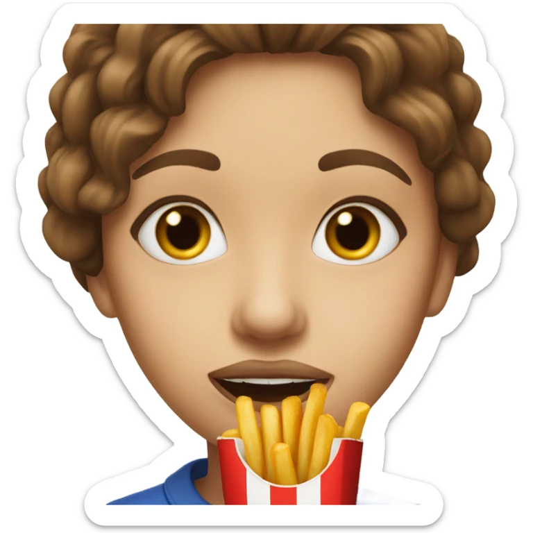 brown-haired girl with captivating lips eating French fry sticker