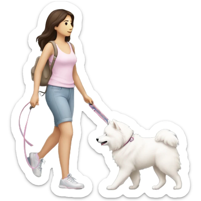 side profile full body view of brunette female with light pink skintone walking one samoyed dog on a leash in the same direction sticker