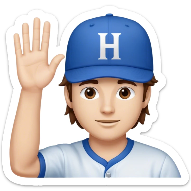 White Man with mid-length brown hair wearing blue baseball hat with the letter H on it. Hand waving sticker