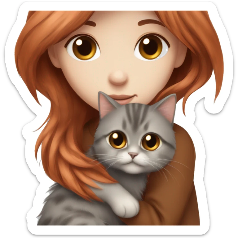Copper red straight haired girl with dark  brown eyes hugging a fluffy brown and grey Siberian cat sticker