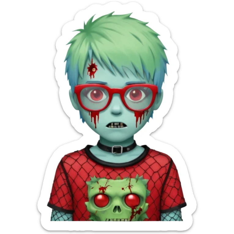 White hair, Ghoulia yelps monster high doll in scene/emo style cherry print dress with fishnet sleeves, clothes, thin, small, red, rectangle glasses, pale white-blue skin, pale-green shaggy short hair , zombie scars , boy, punk choker sticker