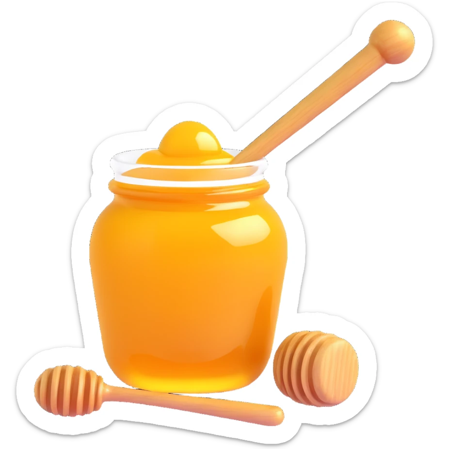 3D emoji style honey jar, with a wooden dipper inside, golden honey, simple and expressive sticker