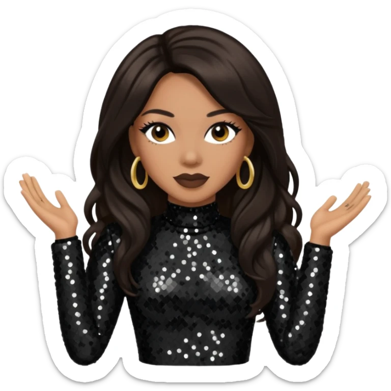 Monica Arnold, R&B Singer with long dark brown hair, black sequin outfit sticker