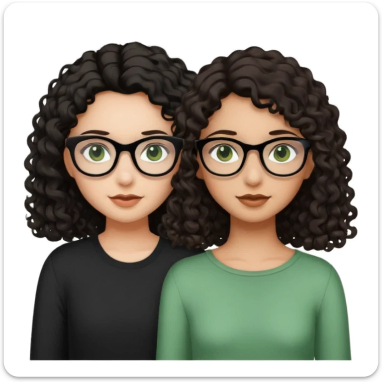 One girl with long dark brown hair, black glasses, green eyes, and neutral skin tone. Another girl with black curly shoulder length hair, hazel eyes, neutral skin tone  sticker