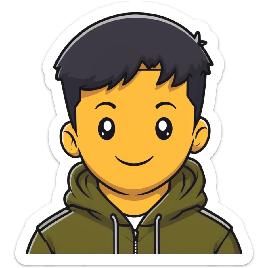 man with smiley face, black hair military cut, brown eyes, wearing 2 circle earrings and a black hoodie sticker