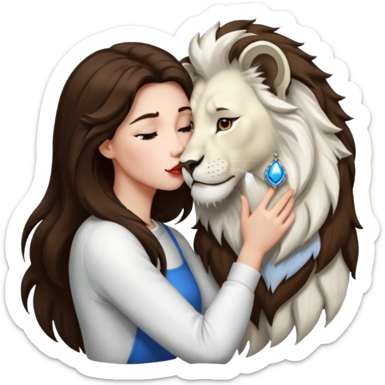 Brunette haired girl queen kisses huge White Lion King sticker