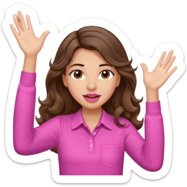 girl with long wavy brown hair, brown eyes, light to medium complexion, in a pink shirt, pink lips, long lashes, puckered lips, both hands all the way upin the air cheering sticker