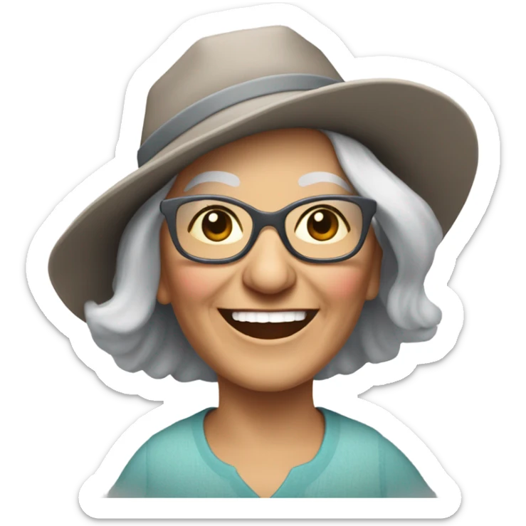smiling younger grandma with hat and sunglasses , longer grey hair outdoors with a donkey sticker