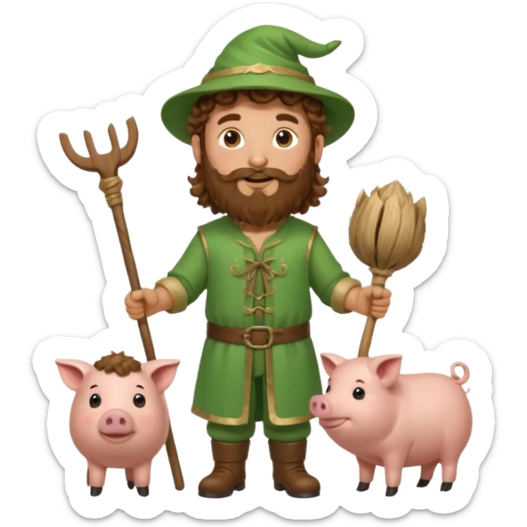 happy young shepard with long curly brown beard and long curly brown hair, in green magical outfit, with wooden shepard stick in hands, taking care of pigs sticker