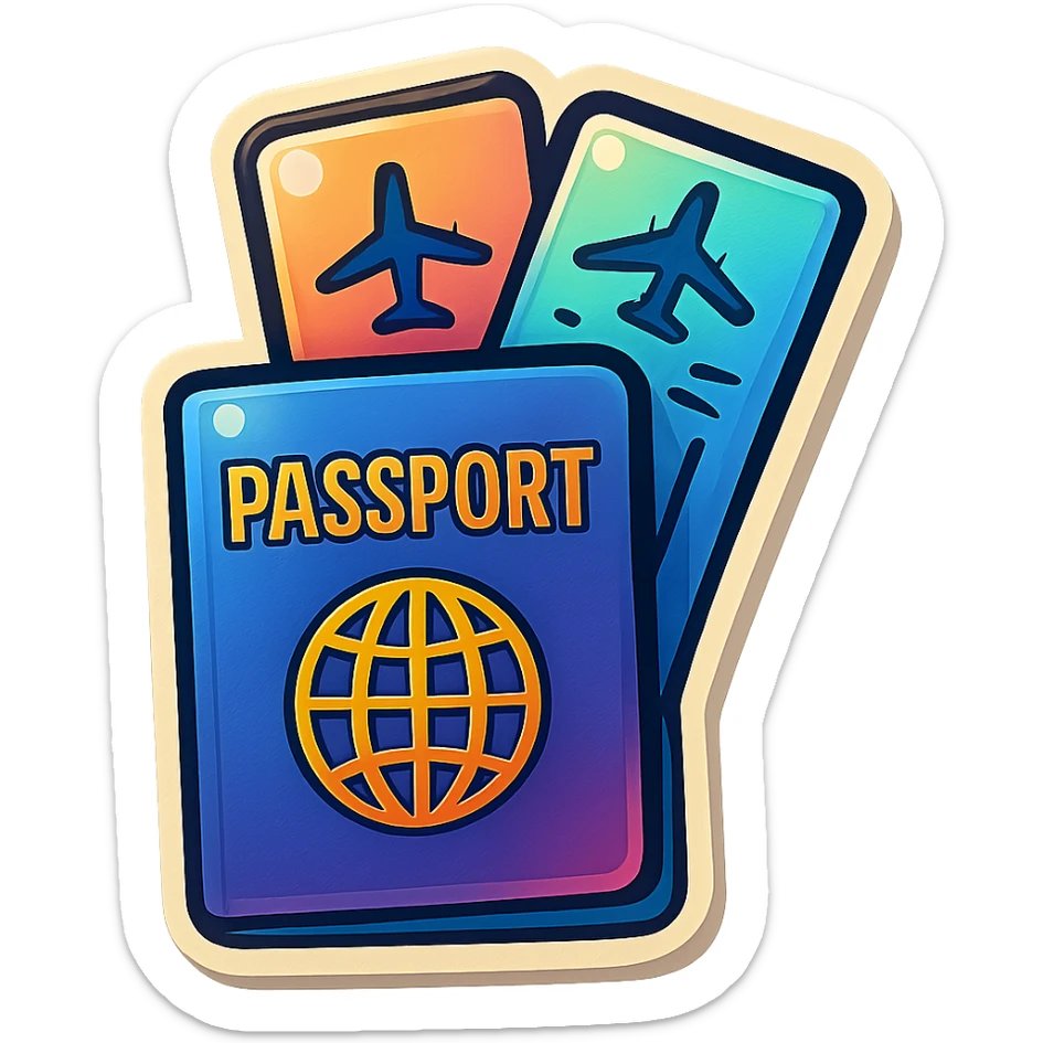 playful retro sticker-style illustration of a passport with two airline tickets fanned out from the top, bold outlines, smooth forms, and glossy expressive highlights sticker