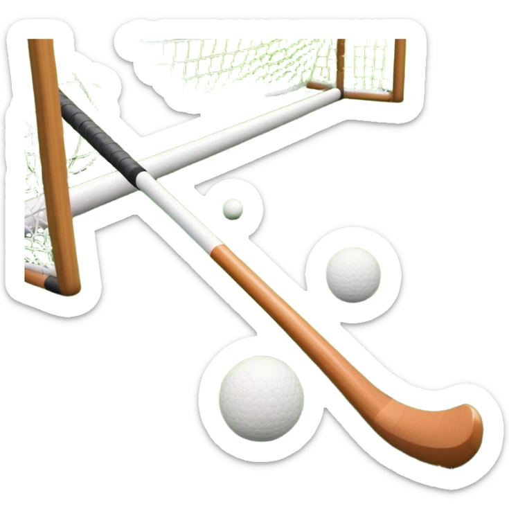 field hockey stick and ball on green grass field with goalposts in background sticker