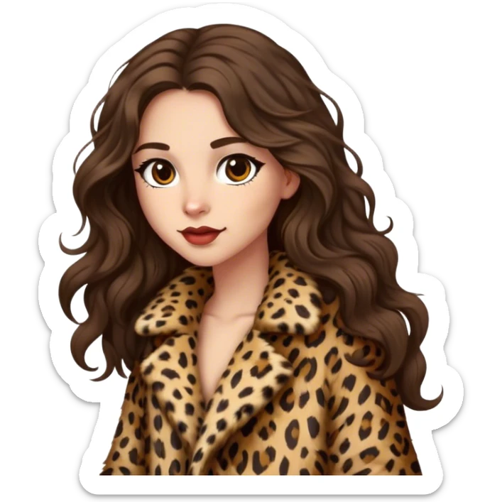 Brunette girl with long wavy hair in leopard fur coat  sticker