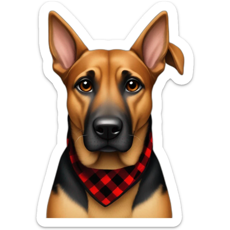 75% Coonhound 25% German Shepherd mix dog wearing small pointed red buffalo plaid bandana pointing down side view full body facing left sticker