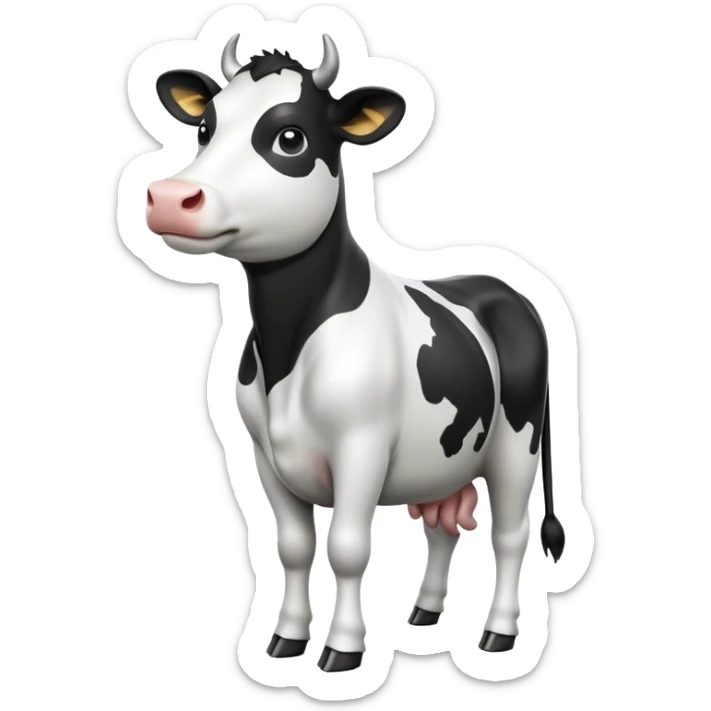 cinematic-[black and white cow]-realistic-full-body-standing-emoji,-tail-flicking-lazily,-head-tilted-dramatically,-sleek-[black and white]-coat,-simplified-yet-realistic-focused-features,-highly-detailed,-glowing-with-an-almost-sarcastic-glow sticker