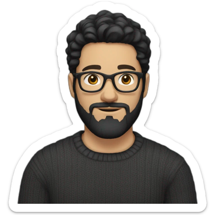 A young white man with black hair styled to the side, a beard and wearing dark grey glasses and a black sweater sticker