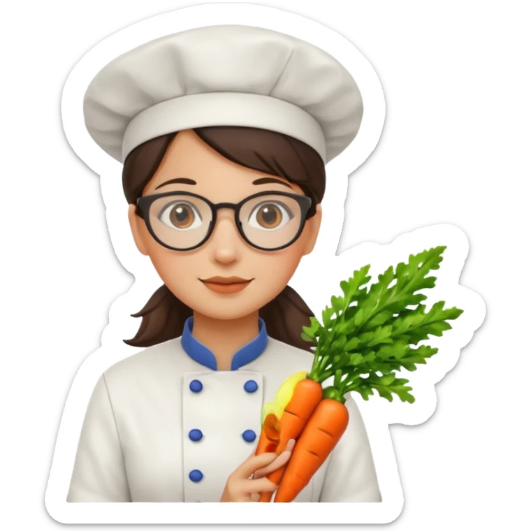 female italian chef, uniform, wearing glasses, holding carrot sticker