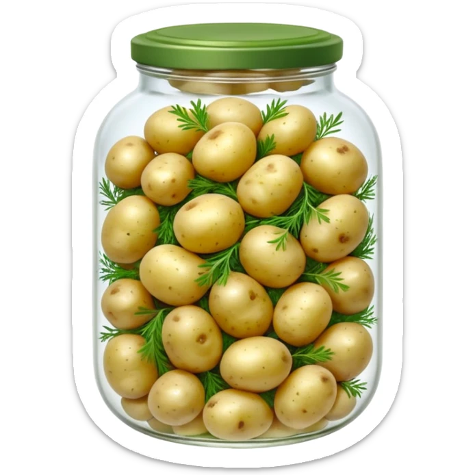 A round jar of small pickled potatoes with sprigs of dill floating inside.









 sticker