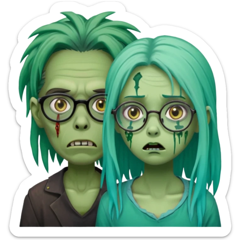 green-skinned, zombie with glasses, a girl with ombre black & teal long dreadlocks and a worried expression with a small wound near its mouth. sticker