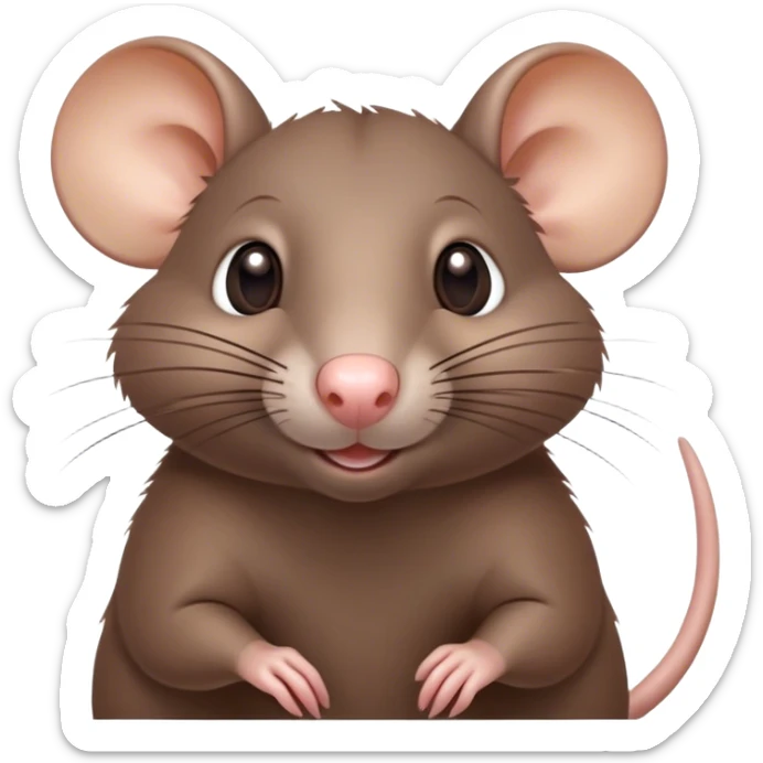 Cinematic Cute Brown Rat Portrait Emoji, Head tilted playfully and inquisitively, with a compact, nimble build and a glossy brown coat accentuated by a twitching nose and round, sparkling eyes full of curiosity, Simplified yet irresistibly adorable features, highly detailed, glowing with a warm, friendly glow, high shine, affectionate and clever, stylized with a touch of urban whimsy, soft glowing outline, capturing the essence of a mischievous yet loving rat that feels like it could dart out of the screen into your arms! sticker