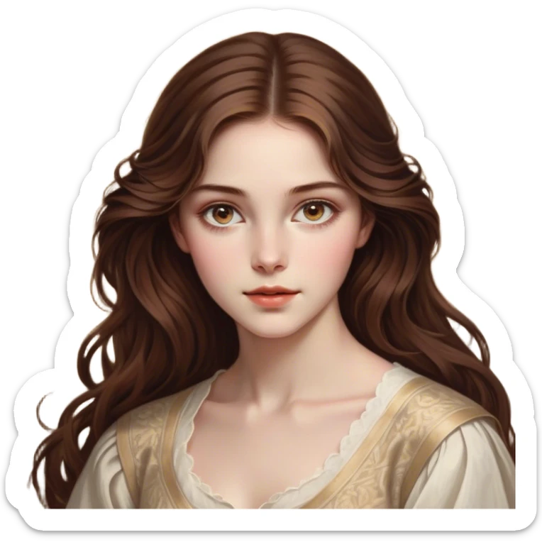 Cinematic Realistic Belle Portrait, depicted with lifelike skin texture, soft natural lighting, and intricately detailed brown hair styled elegantly. Her deep, expressive eyes exude warmth and intelligence, complemented by a serene and graceful expression. She is dressed in her classic attire, with rich fabric textures and delicate folds that catch the light beautifully. The portrait features a soft, enchanting glow with a natural, radiant finish, capturing the essence of timeless beauty in a realistic and painterly style, evoking a sense of depth and authenticity. sticker